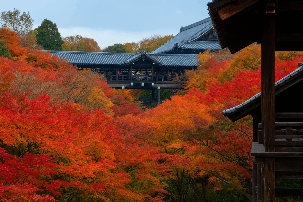 京都・東福寺の通天橋と紅葉の谷、一面に広がる赤や橙のモミジ｜Tofuku-ji Temple Tsutenkyo Bridge in Kyoto overlooking a valley of vibrant autumn leaves
