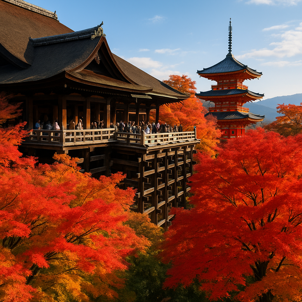 清水寺の舞台と紅葉に染まる三重塔