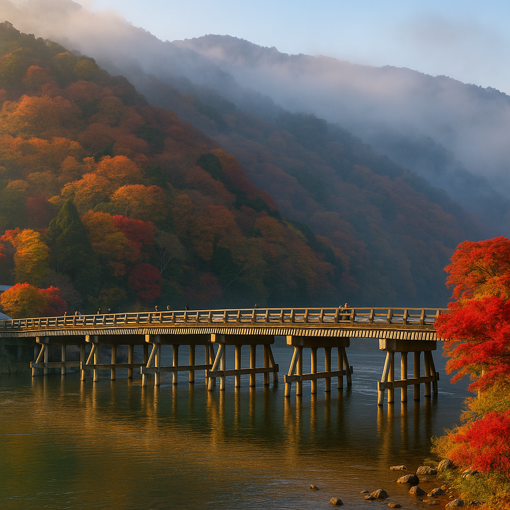 京都・嵐山の渡月橋と紅葉に染まる山並み、川面に映る秋の景色
“Autumn leaves in Arashiyama, Kyoto, with Togetsukyo Bridge and colorful mountains reflected on the Katsura River”
