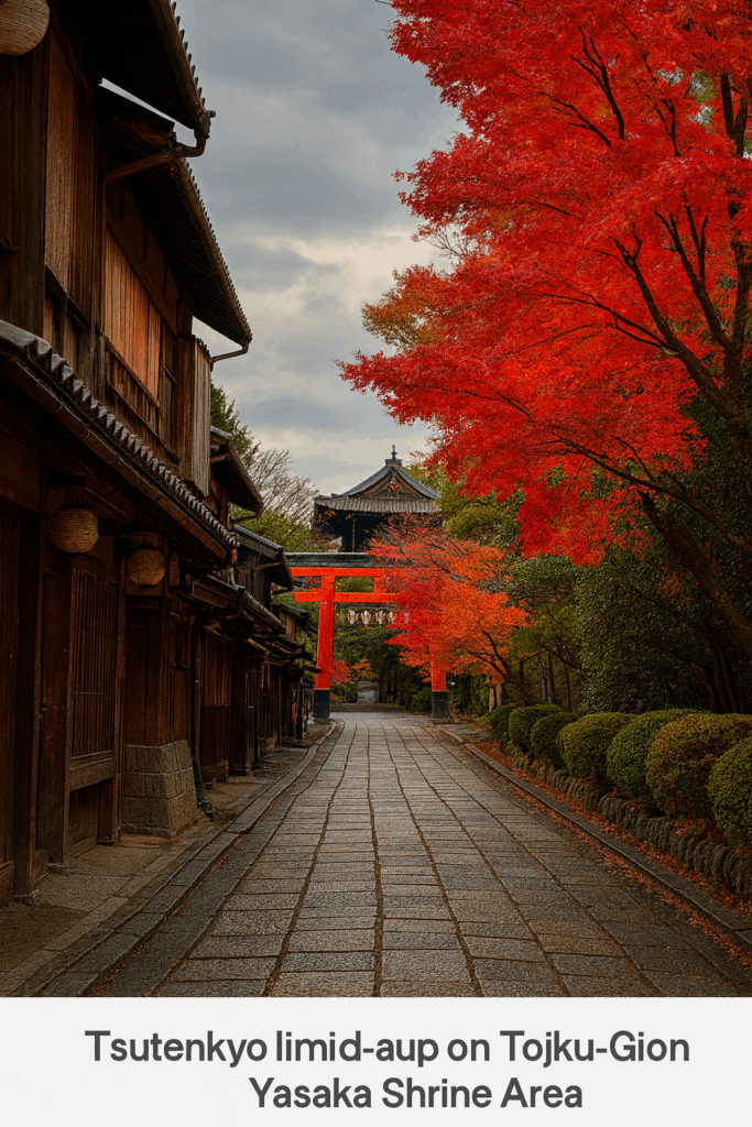 京都・祇園の石畳の町並みと八坂神社の朱色の鳥居、鮮やかな紅葉が並ぶ景観｜Gion district in Kyoto with Yasaka Shrine’s red torii gate and vibrant autumn leaves along the stone-paved street