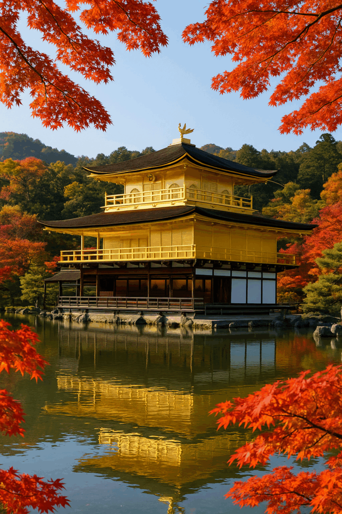 京都・金閣寺、黄金の舎利殿と池に映る赤や橙の紅葉｜Kinkaku-ji Temple Golden Pavilion in Kyoto with autumn leaves reflected in the pond
