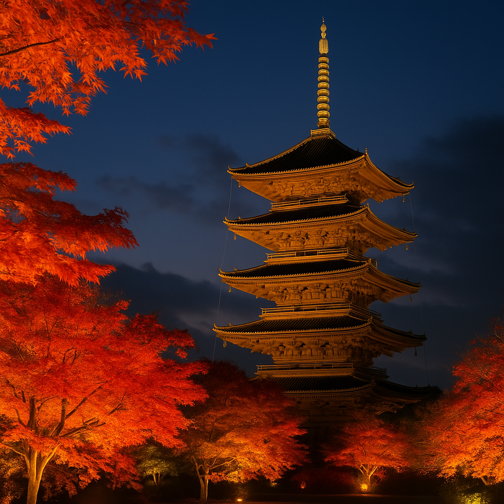 京都・東寺の五重塔と紅葉ライトアップ、夜空に映える日本一高い木造塔｜Kyoto To-ji Temple five-story pagoda with illuminated autumn leaves, Japan’s tallest wooden pagoda