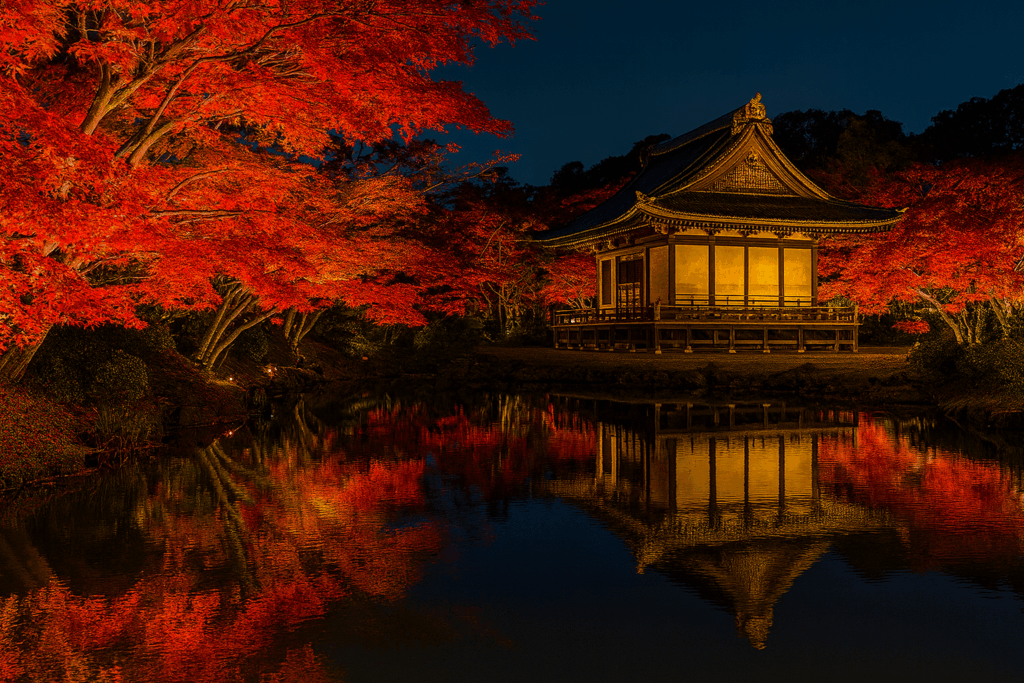 京都・永観堂、放生池に映るライトアップされた紅葉と寺院の景観｜Eikan-do Temple in Kyoto with illuminated autumn leaves reflected in the pond